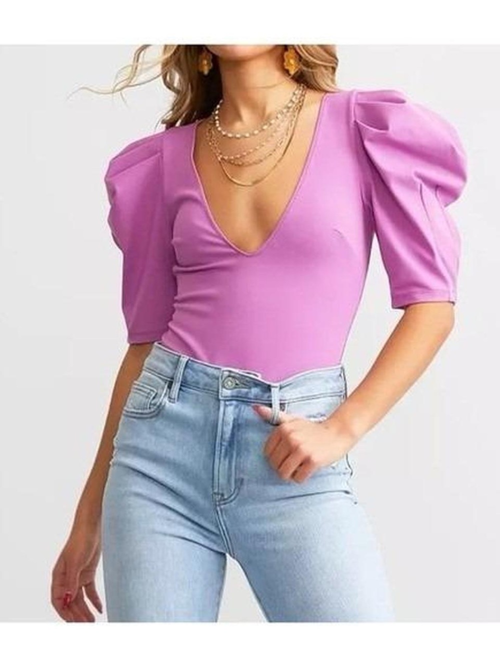 Free People Puff Sleeve Bodysuit V-Neck Women’s Top